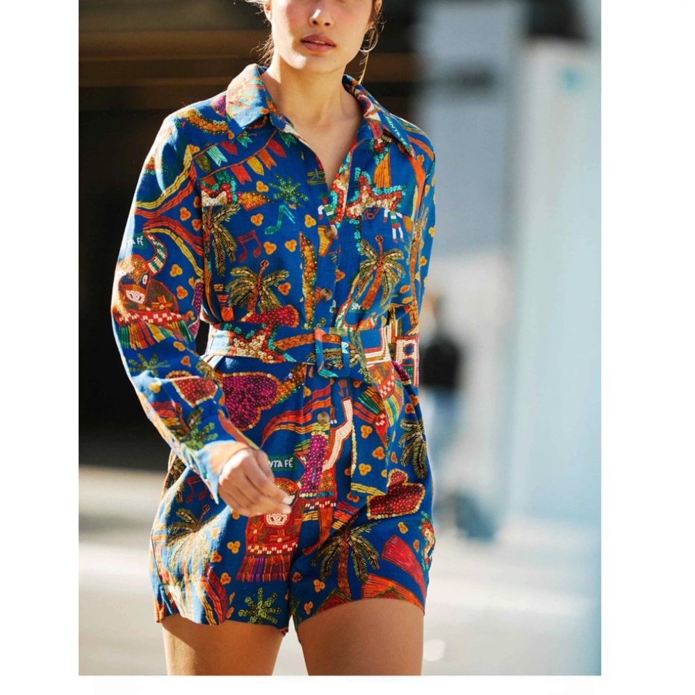 FARM Rio Folk Party Belted Romper Artsy Maximalist Tropical